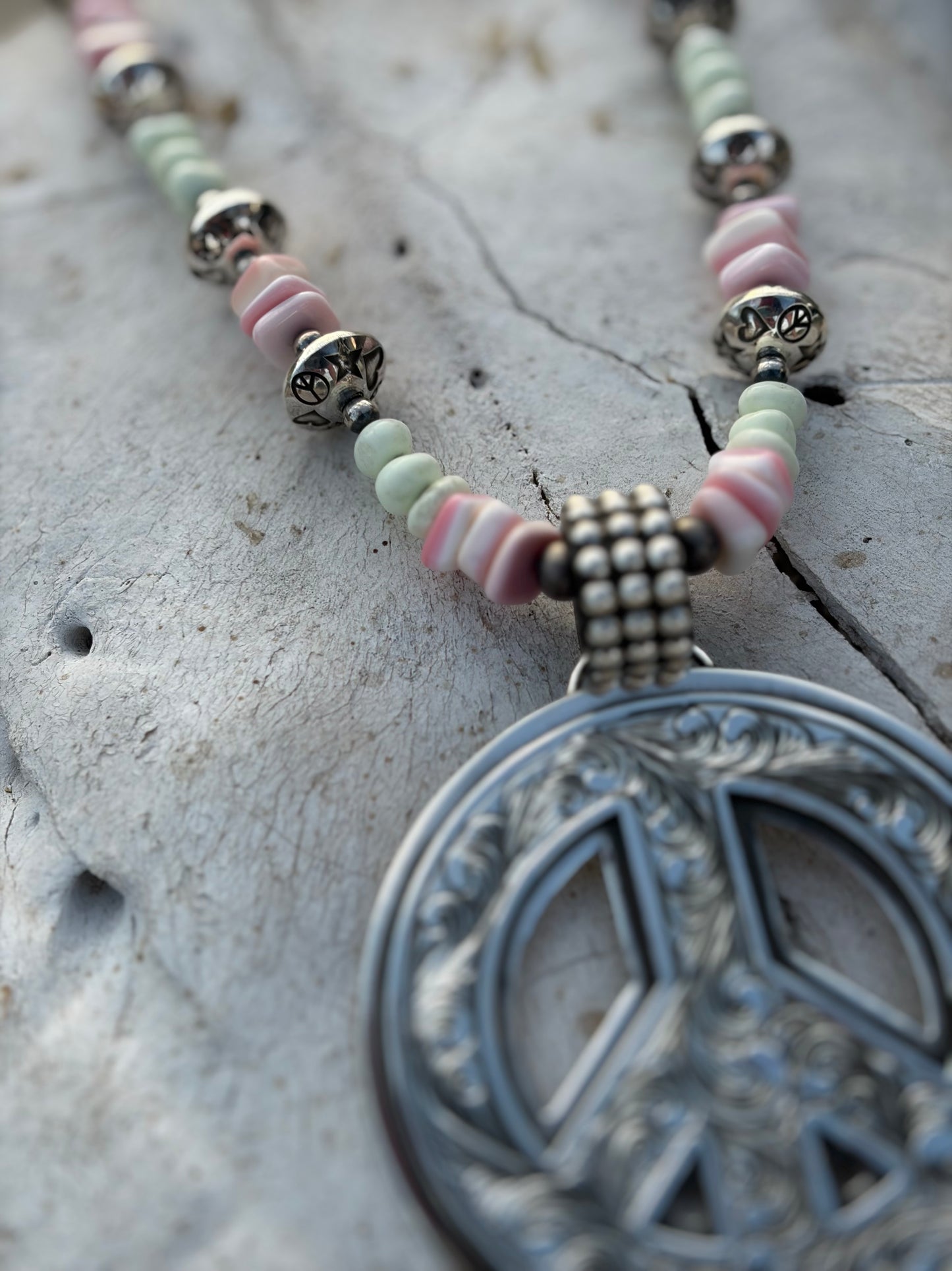 Hand Engraved Peace Sign W Handmade Pearls