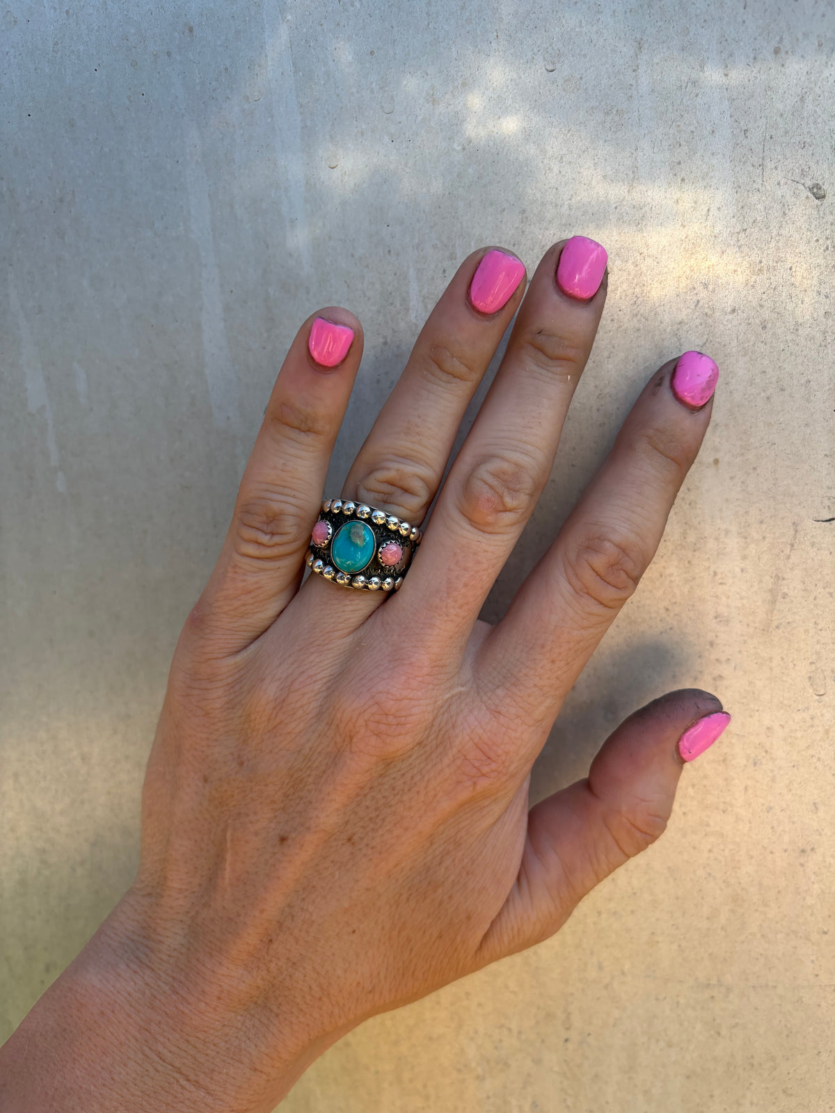 Pink Conch and Kingman Mine Adjustable Ring
