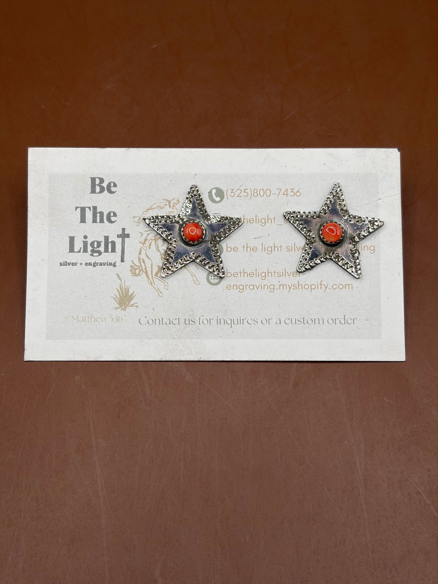 Red Spiny Hand Engraved Star Earrings
