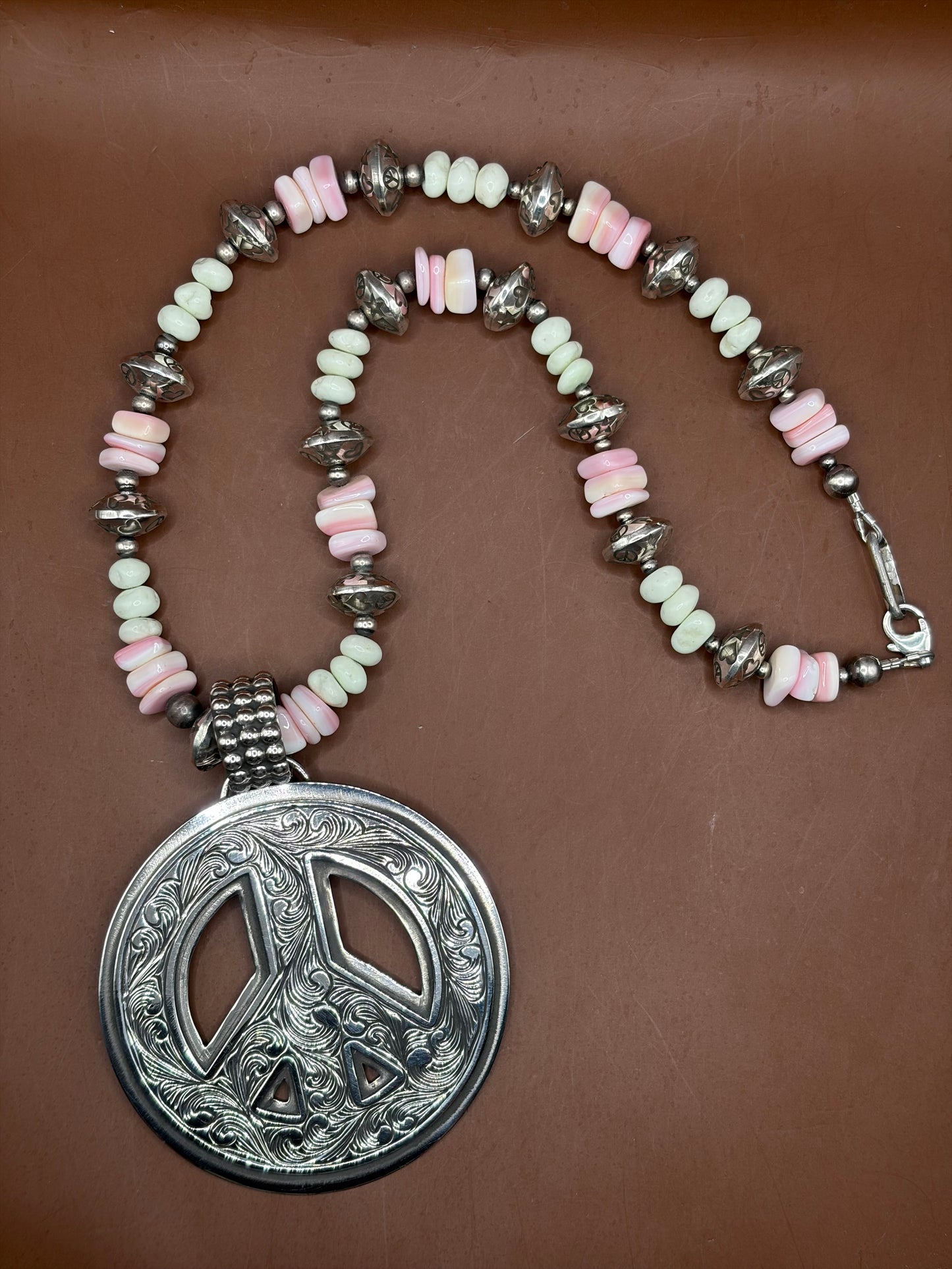 Hand Engraved Peace Sign W Handmade Pearls