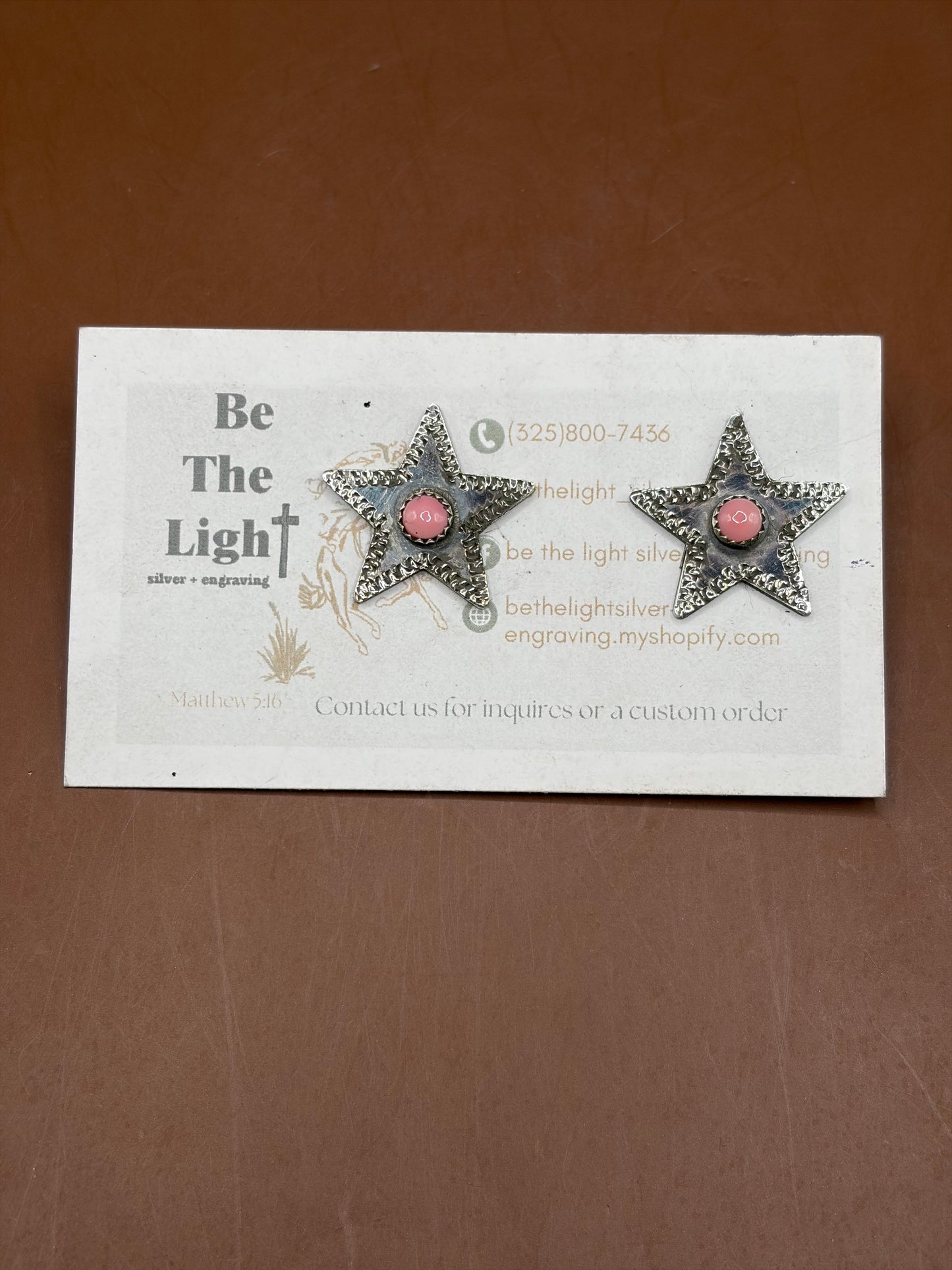 Pink Conch Hand Engraved Star Earrings