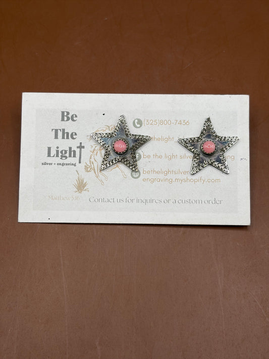 Pink Conch Hand Engraved Star Earrings