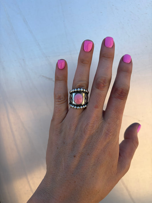 Pink Conch Engraved Heart Ring