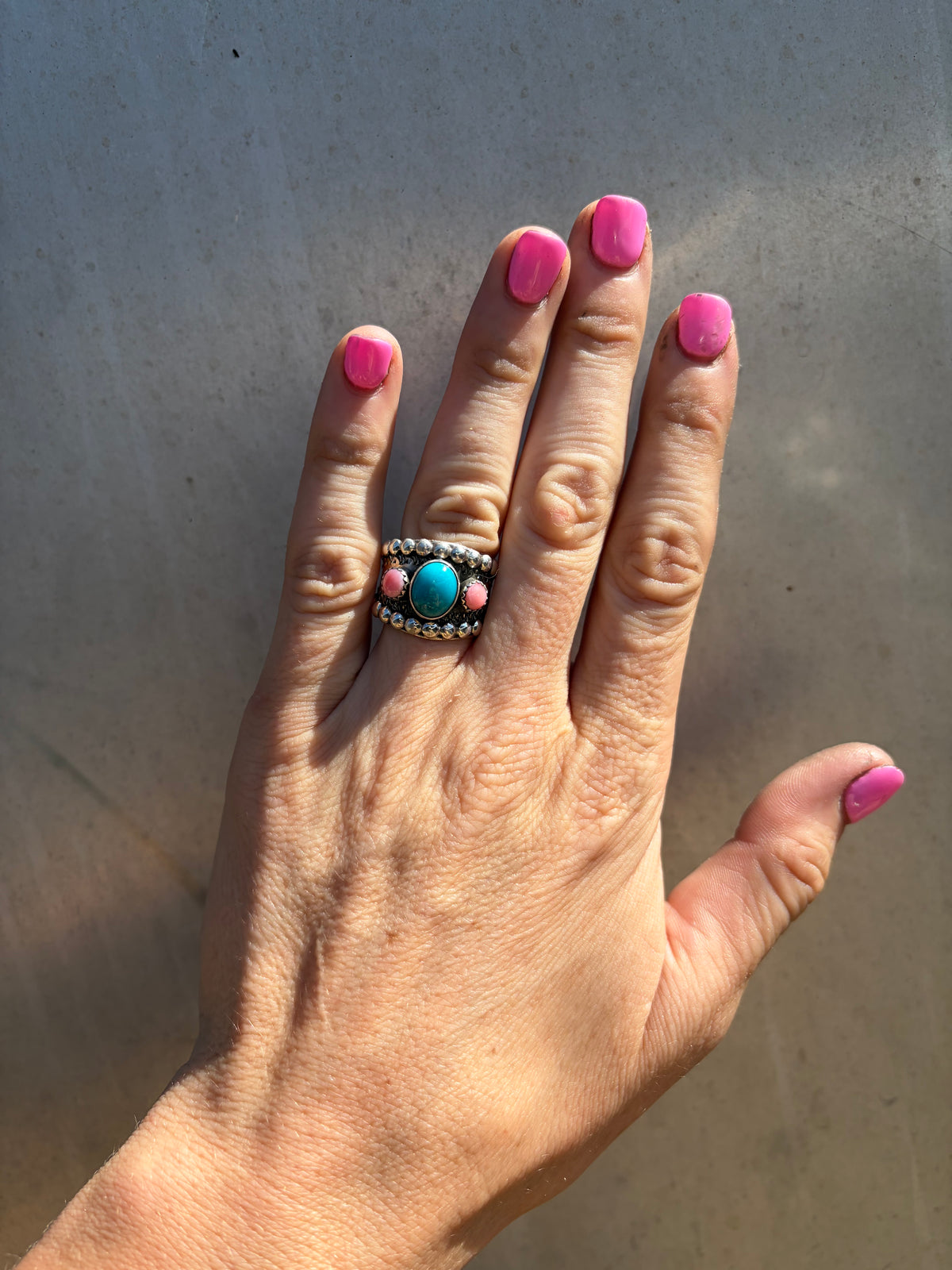 Kingman Mine and Pink Conch Adjustable Ring