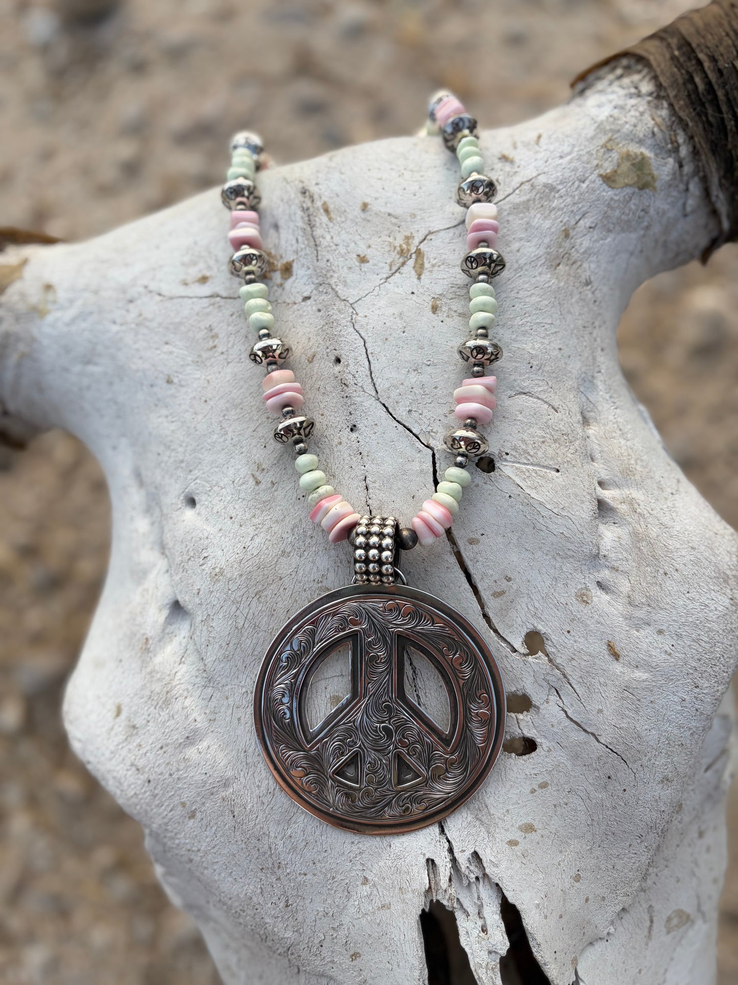 Hand Engraved Peace Sign W Handmade Pearls