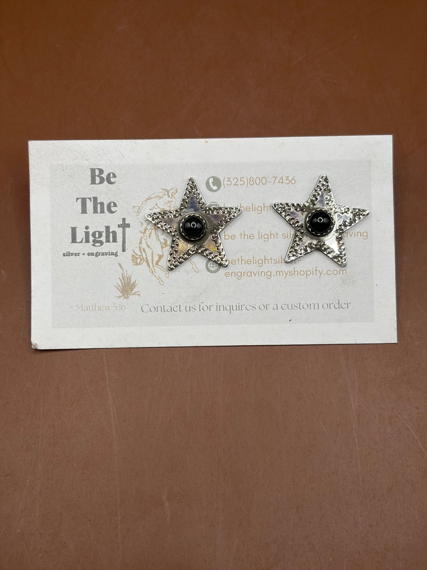 Black Onyx Hand Engraved Star Earrings