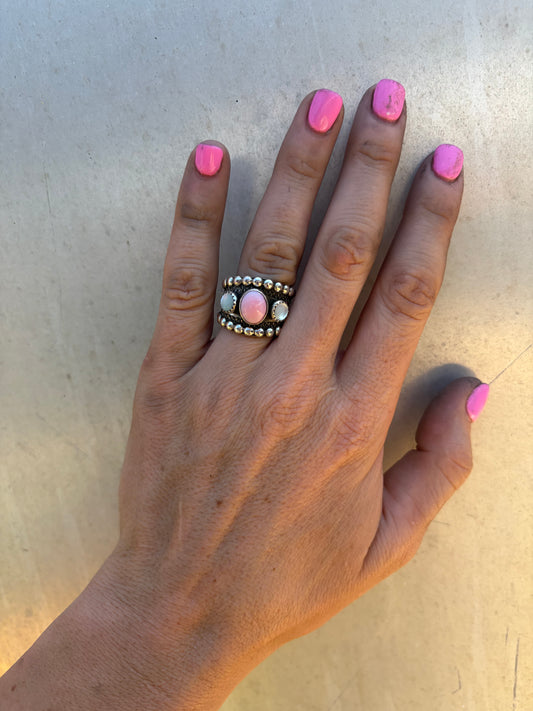 Pink Conch and Mother of Pearl Adjustable Ring