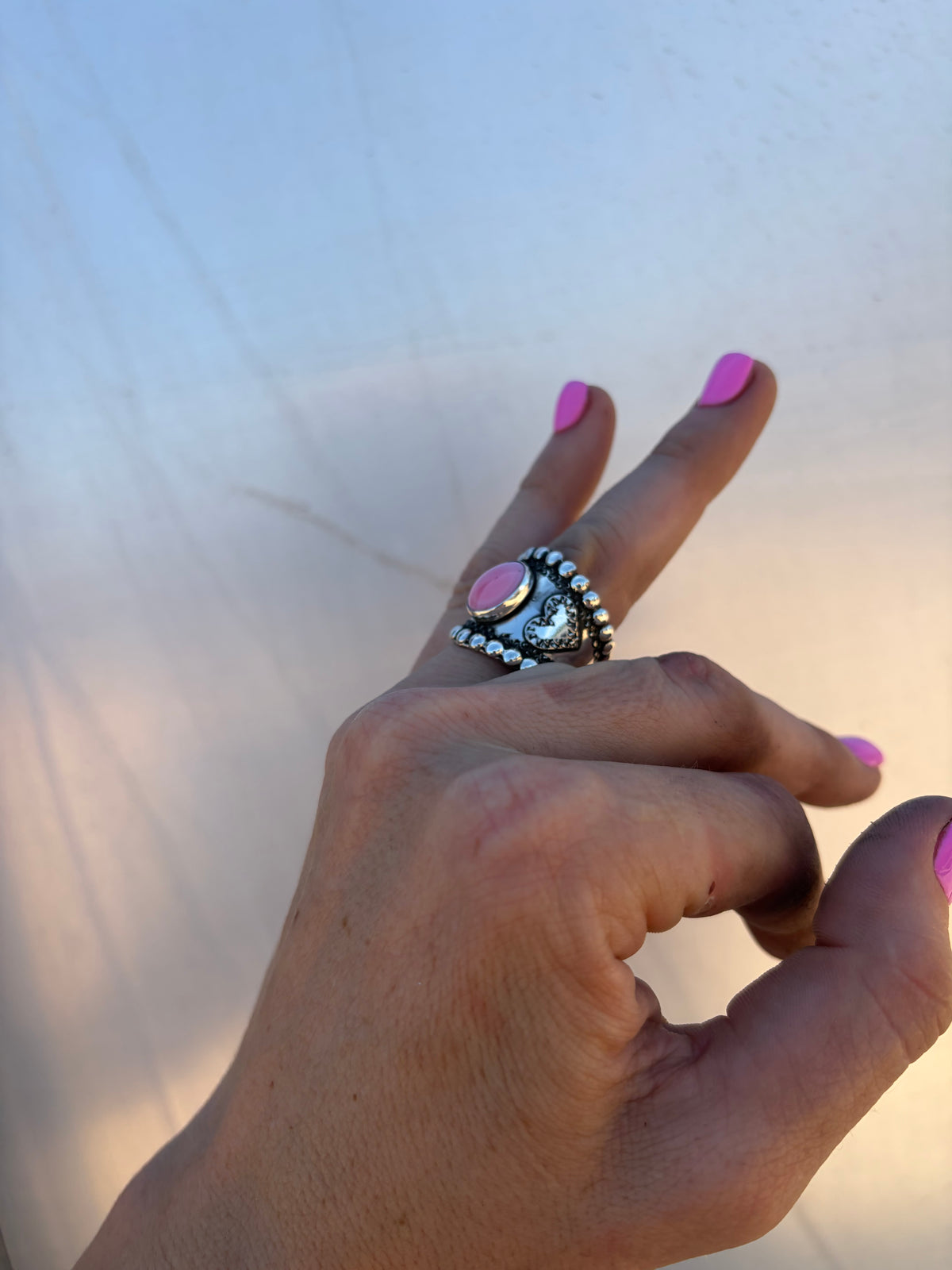 Pink Conch Engraved Heart Ring
