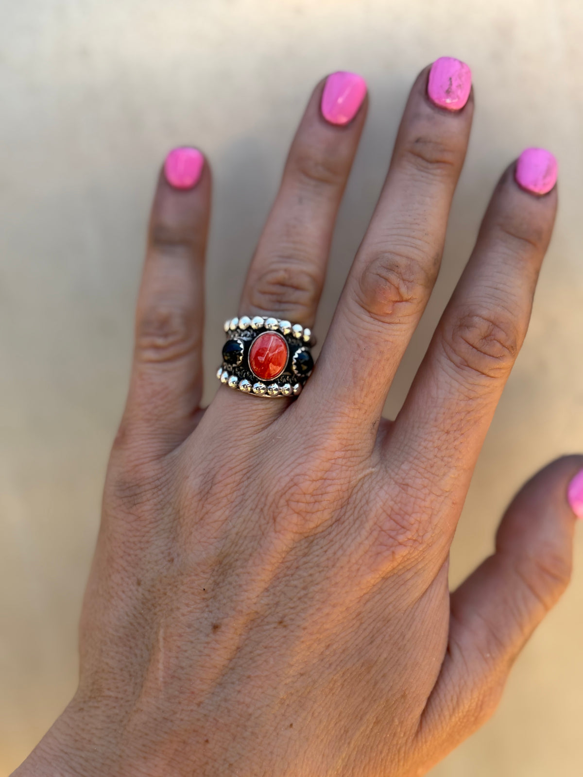 Red Spiny and Black Onyx Adjustable Ring