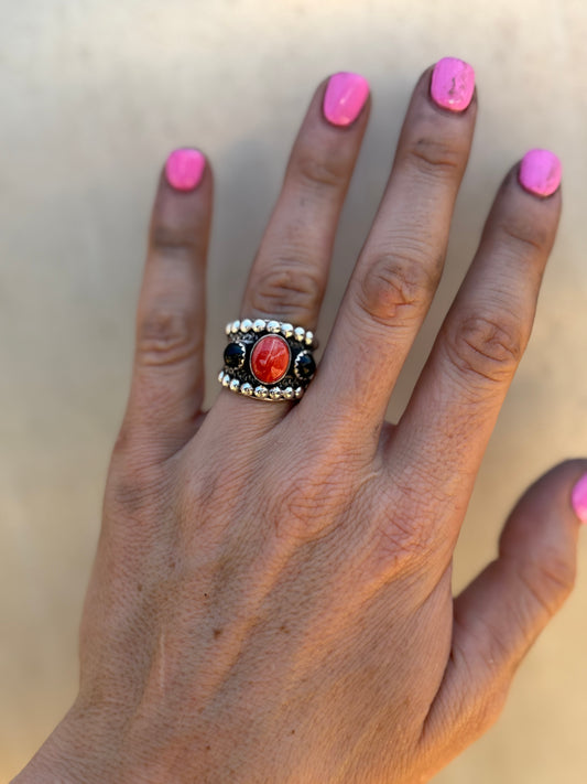 Red Spiny and Black Onyx Adjustable Ring